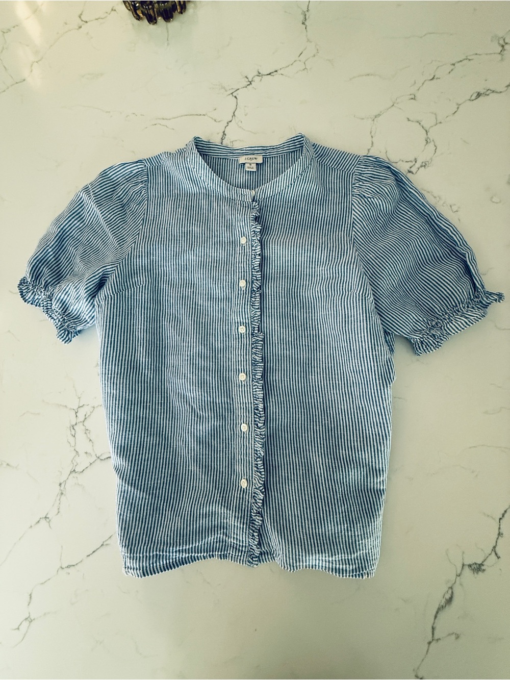J. Crew Navy and White Pinstripe Ruffle-Front Puff Sleeve Blouse size small